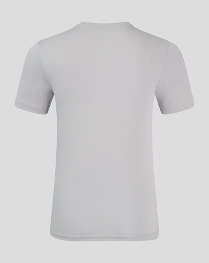 Back view of light gray performance tee featuring crew neck and shoulder seam