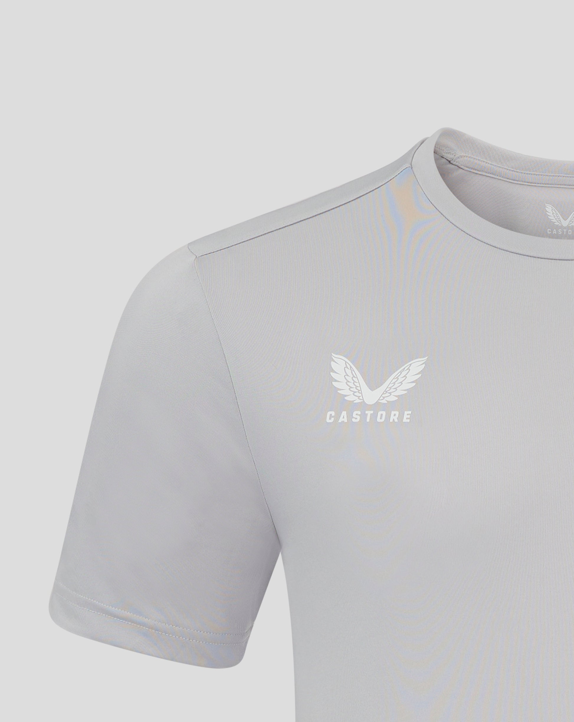 Upper back view of light gray Castore tee focusing on neckline and shoulder construction