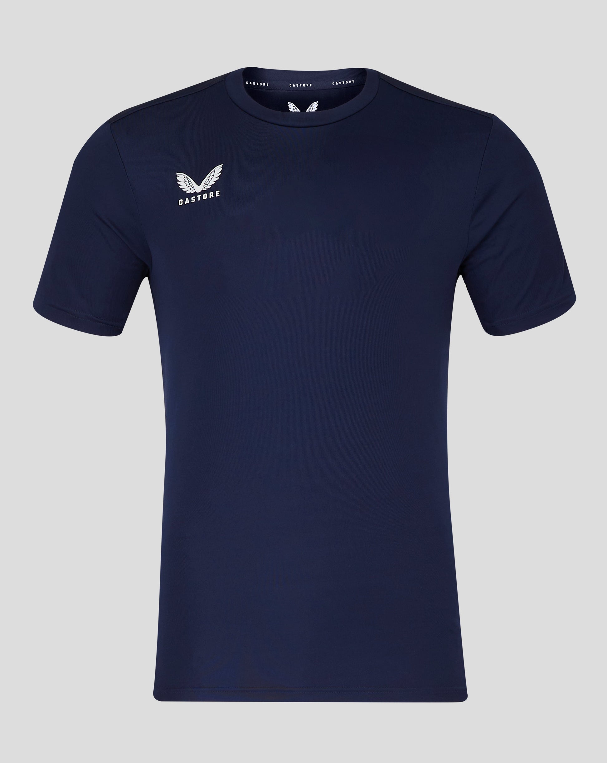 Men's navy performance tee with crew neck and Castore logo on the chest