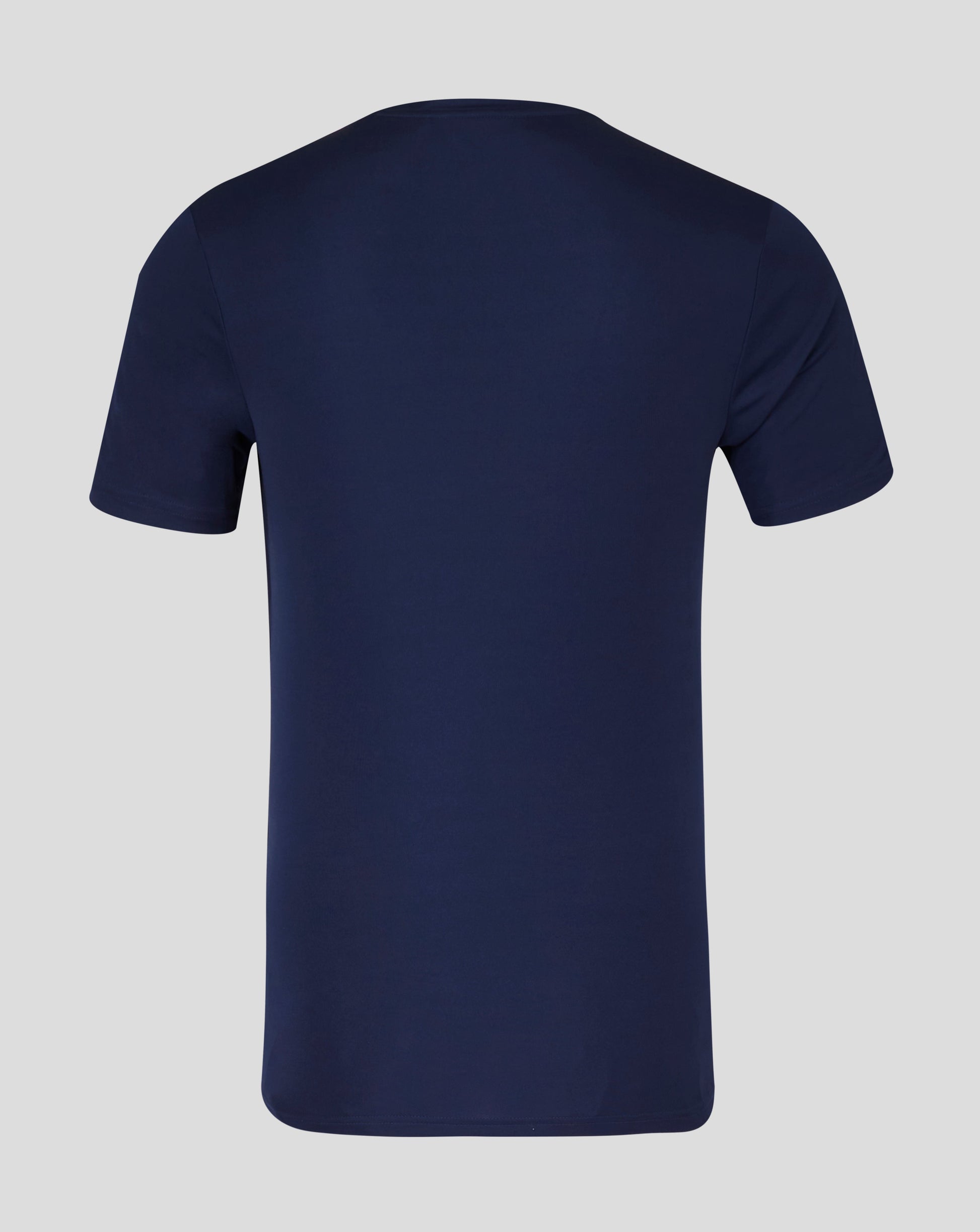 Back view of navy Castore men's performance tee with crew neck and forward shoulder seams