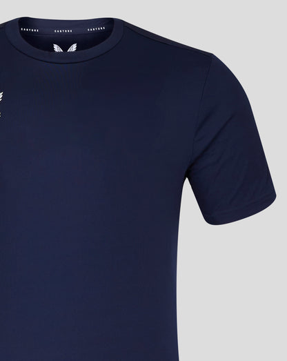 Navy performance tee with white Castore logo on chest and branded collar trim