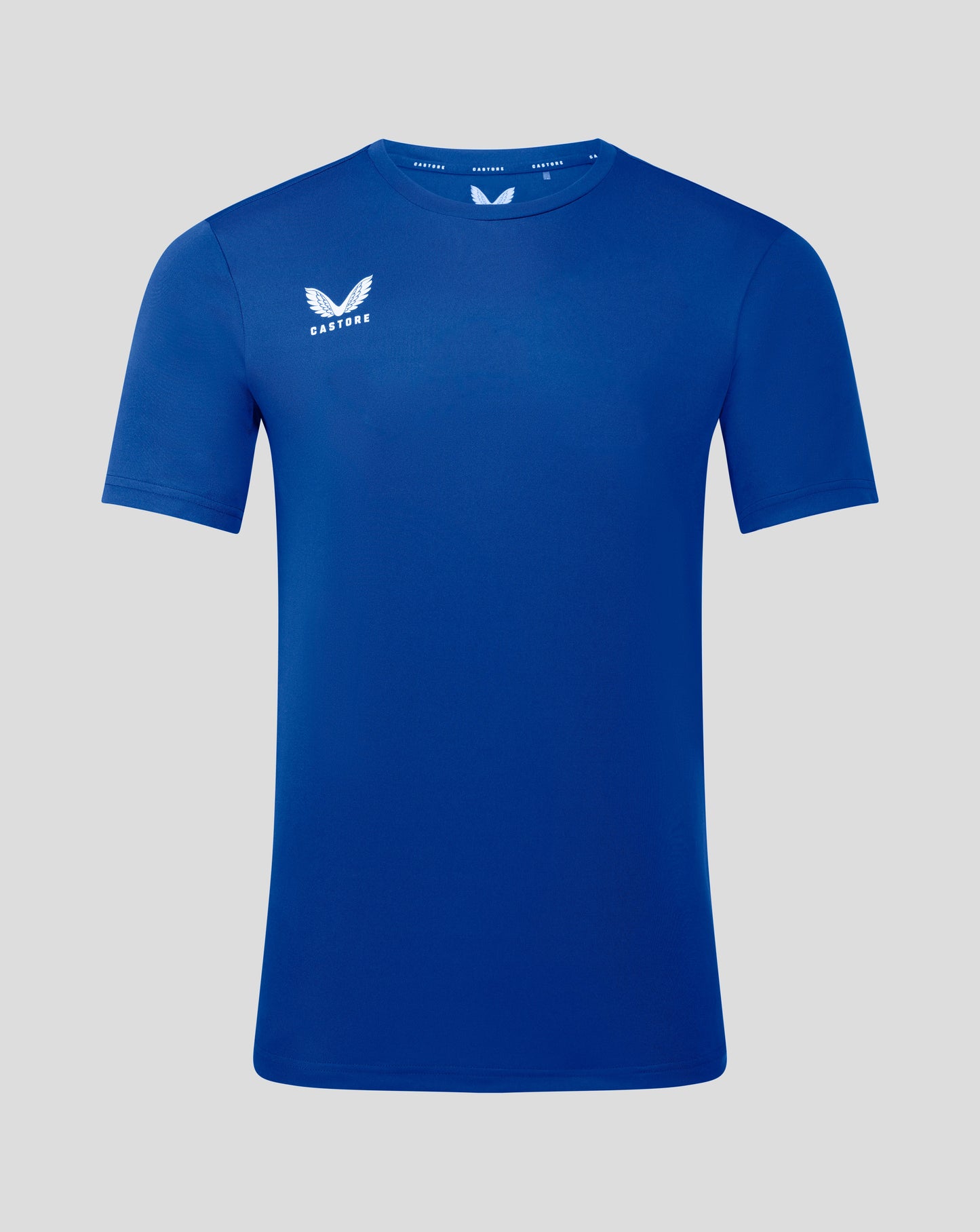 Blue men's performance tee with heat sealed Castore logo on left chest and crew neck
