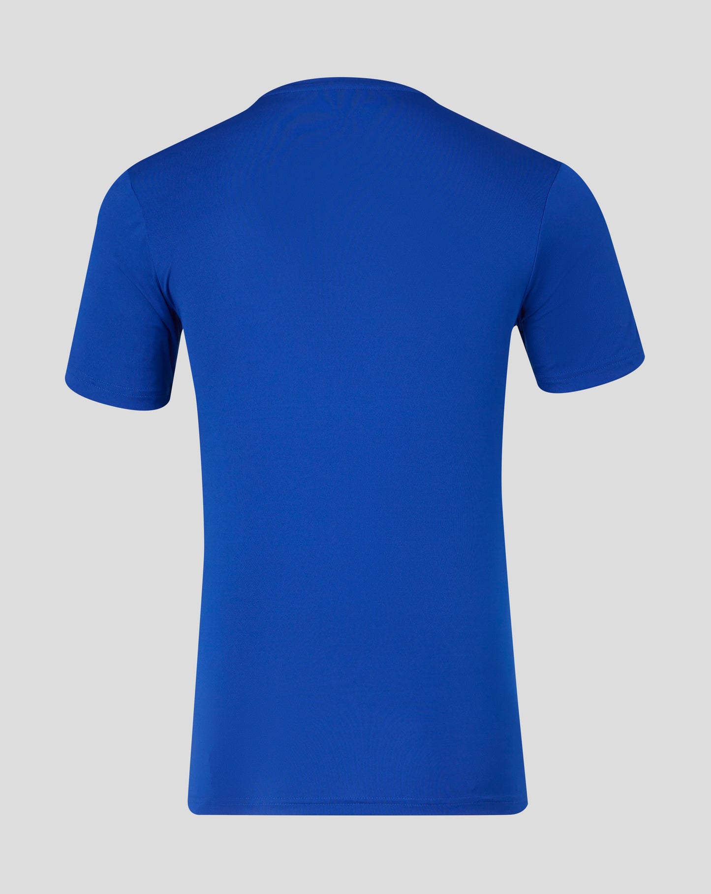 Back view of a vibrant blue mens performance tee