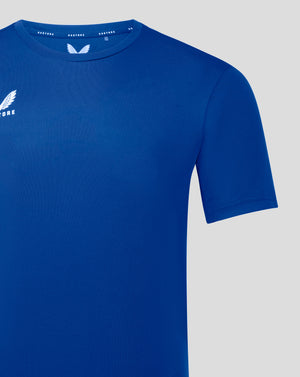 Blue performance tee close up of neck area with Castore branding along the interior neck