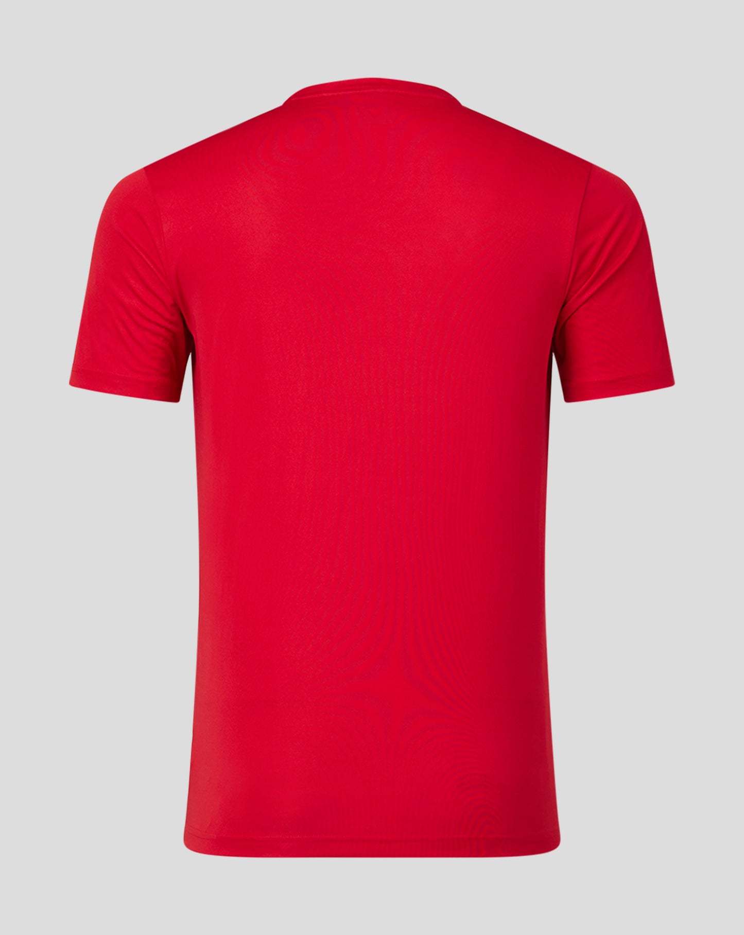 Back view of red men's performance tee showing the crew neck and short sleeves