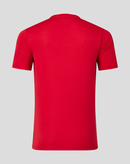 Back view of red men's performance tee showing the crew neck and short sleeves