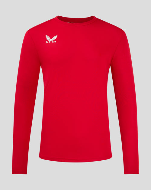 Red Castore long sleeve performance tee with white wing crest on the chest