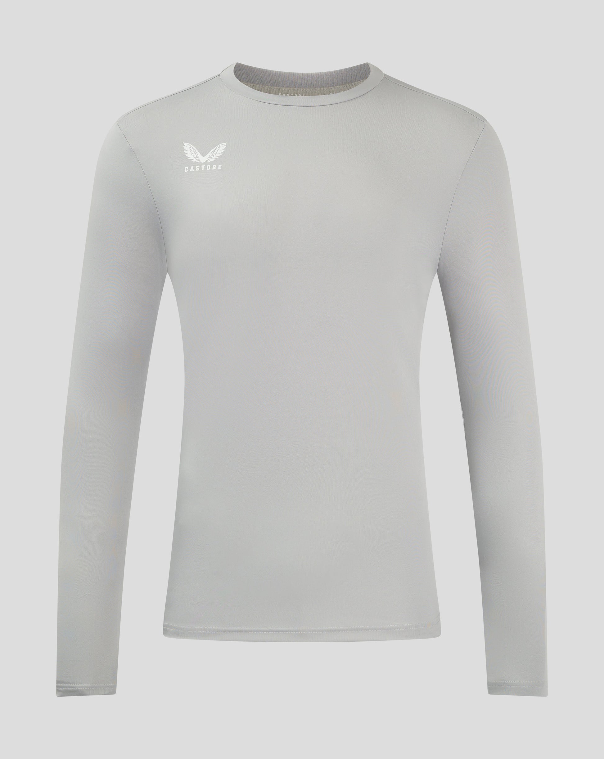 Light gray long sleeve performance tee with crew neck and Castore logo on the chest