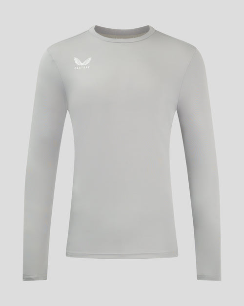 Light gray long sleeve performance tee with crew neck and Castore logo on the chest