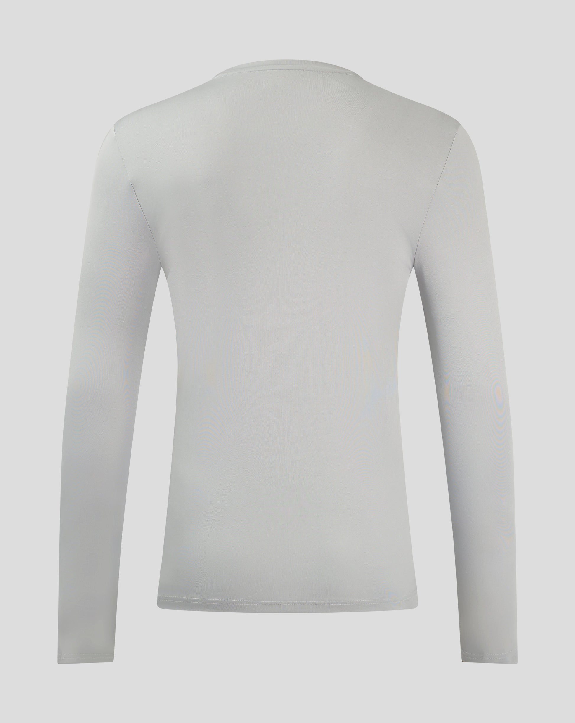 Back view of white long sleeve performance tee showing clean back and shoulder area