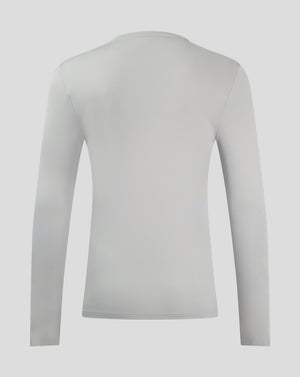 Back view of white long sleeve performance tee showing clean back and shoulder area