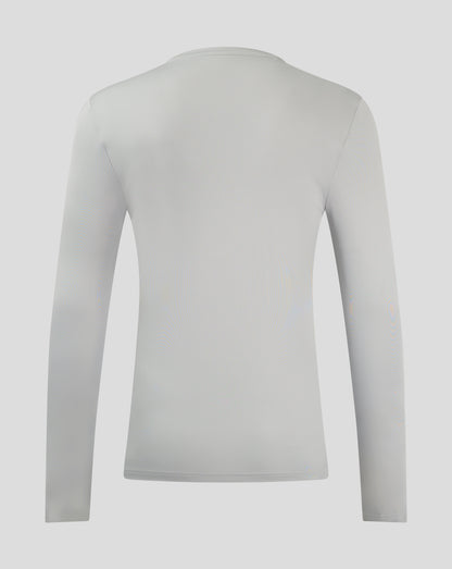 Back view of white long sleeve performance tee showing clean back and shoulder area