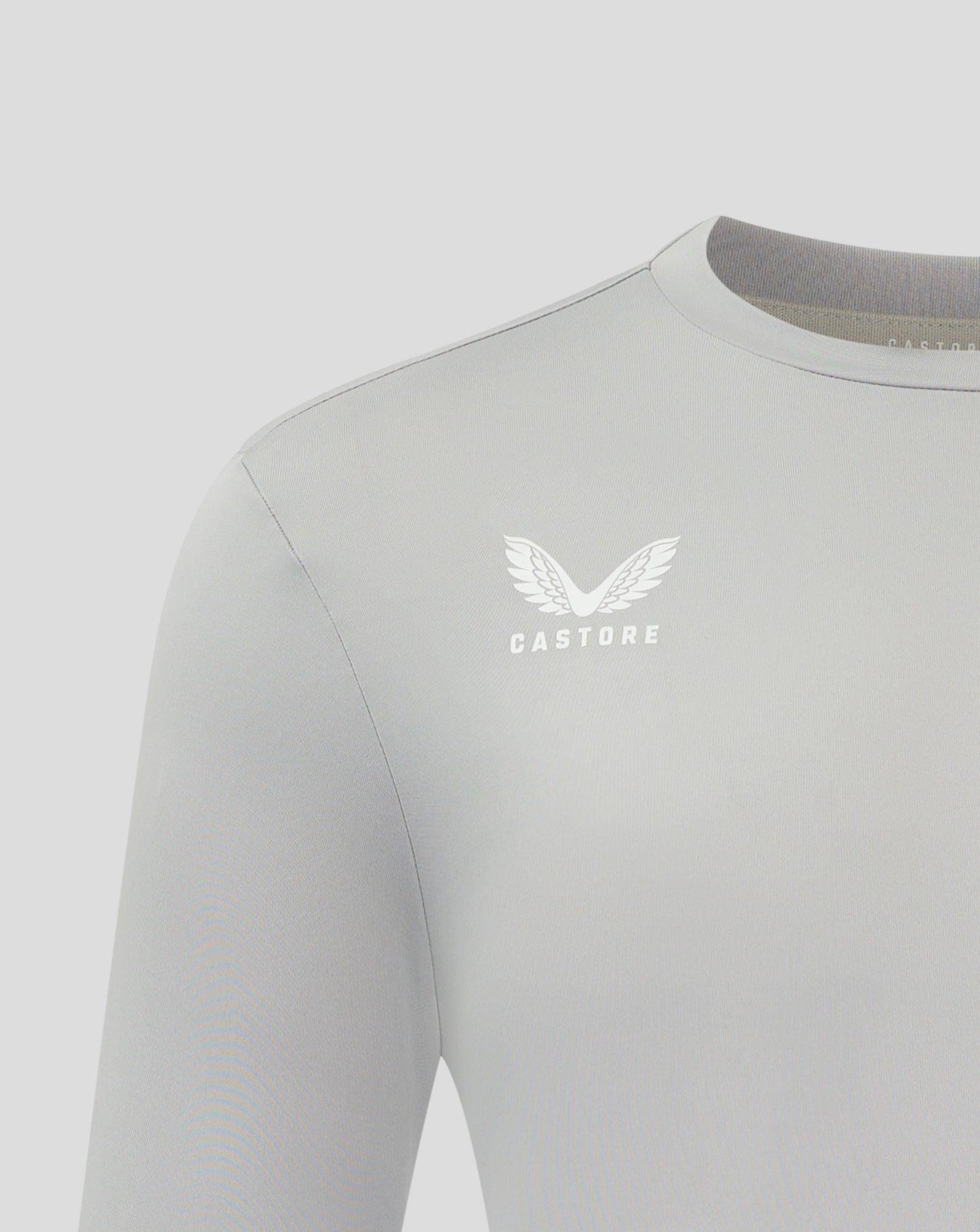 Close up of crew neck collar and shoulder seam on white performance tee