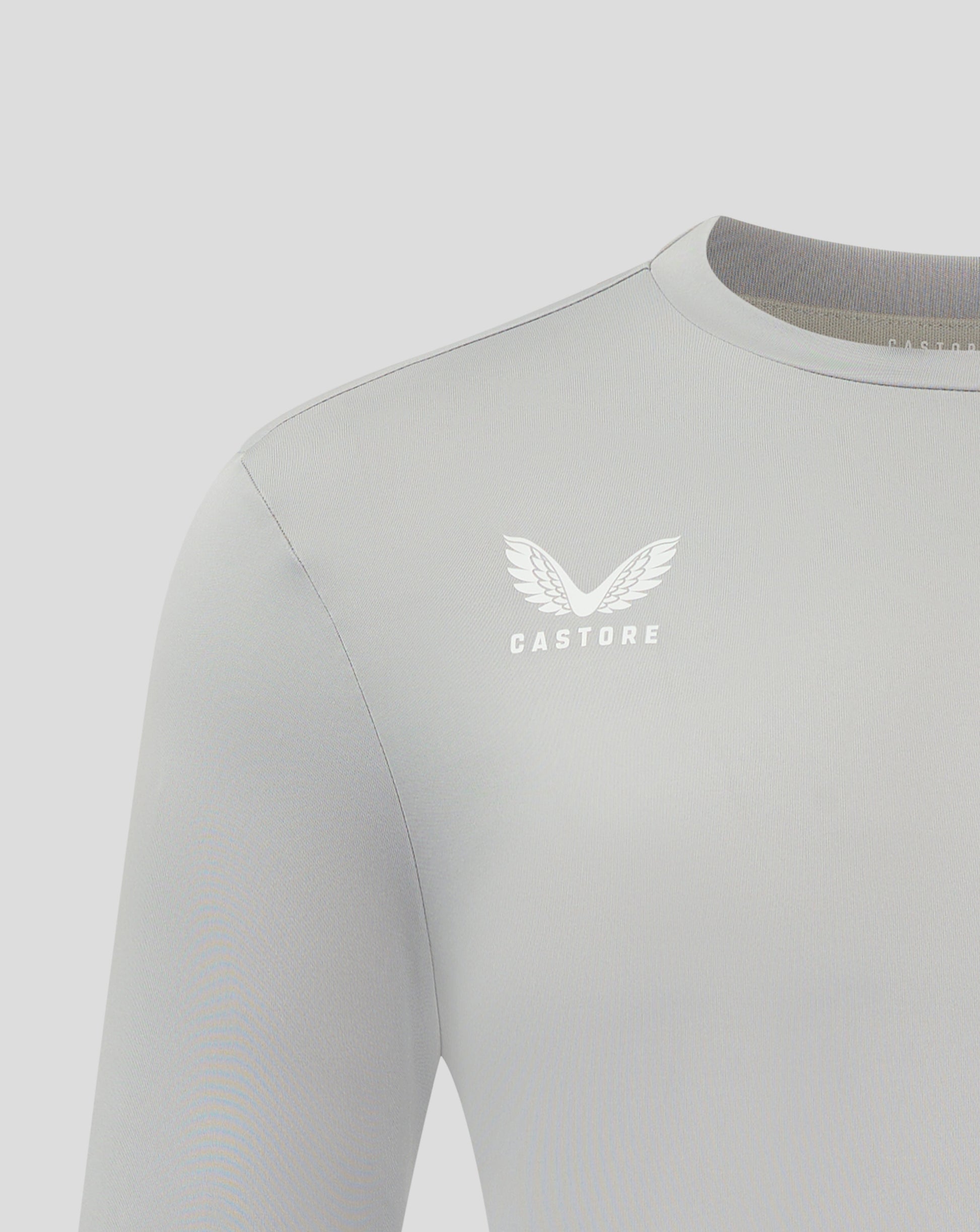 Close up of crew neck collar and shoulder seam on white performance tee