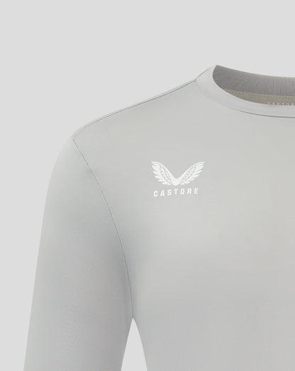 Close up of crew neck collar and shoulder seam on white performance tee
