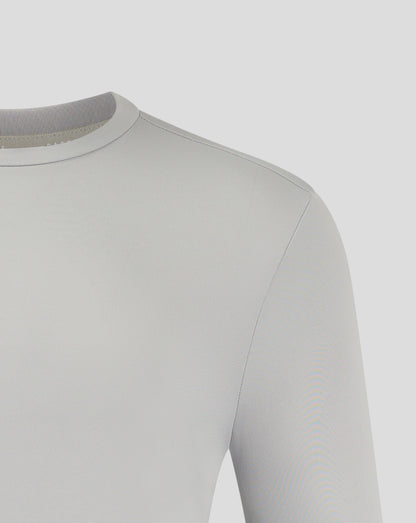 Upper shoulder and neckline detail on white performance tee