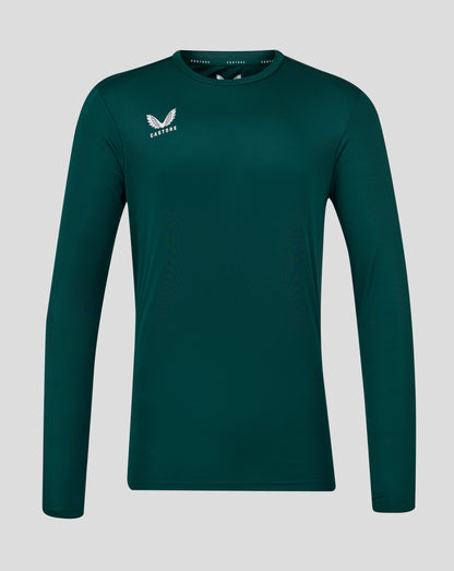 Botanical Garden teal long sleeve tee close up of chest showing white wing logo and Castore branding at the collar