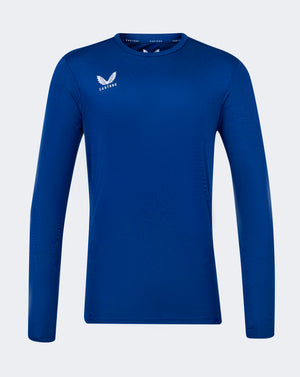 Blue long sleeve performance tee with crew neck forward shoulder seam and Castore logo