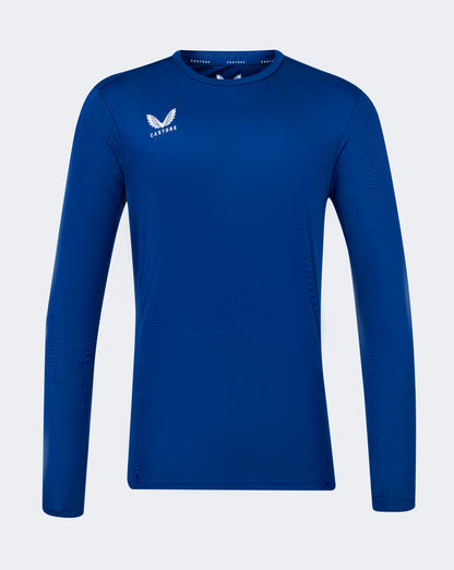 Blue long sleeve performance tee with crew neck forward shoulder seam and Castore logo