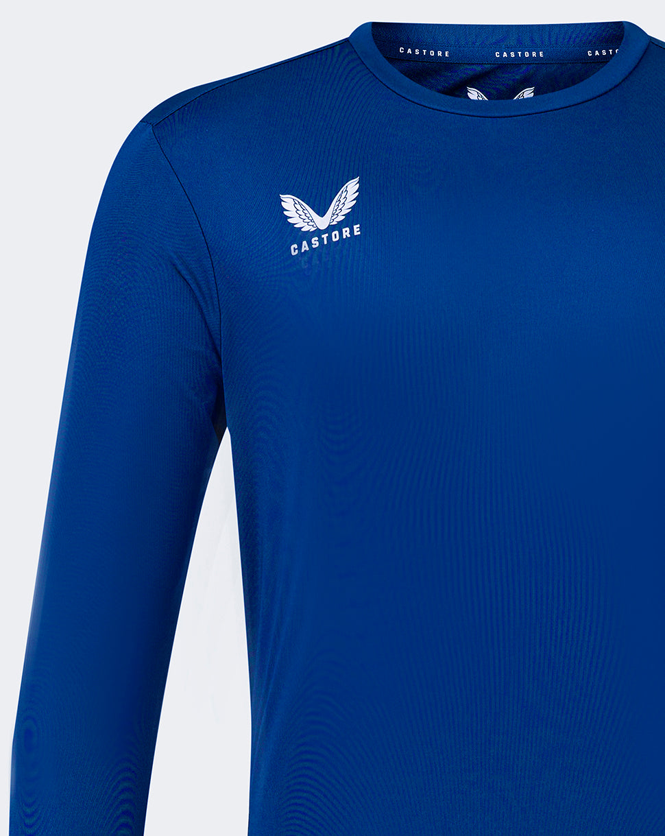 Blue long sleeve performance tee with Castore logo on the left chest and a crew neck