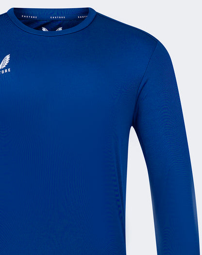 Close up of blue Castore long sleeve tee showing shoulder seam and smooth fabric
