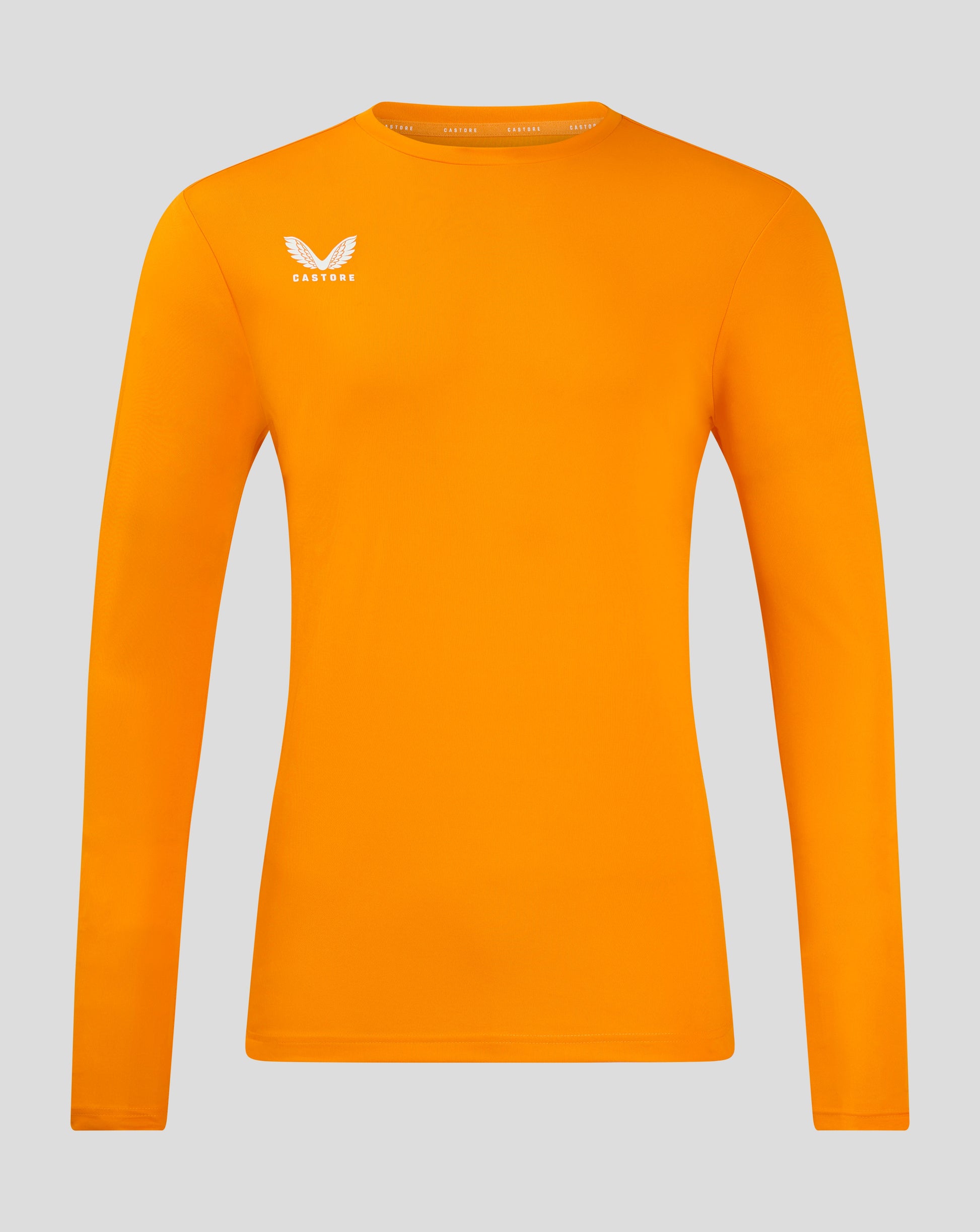 Bright marigold long sleeve performance tee with crew neck and Castore logo on chest