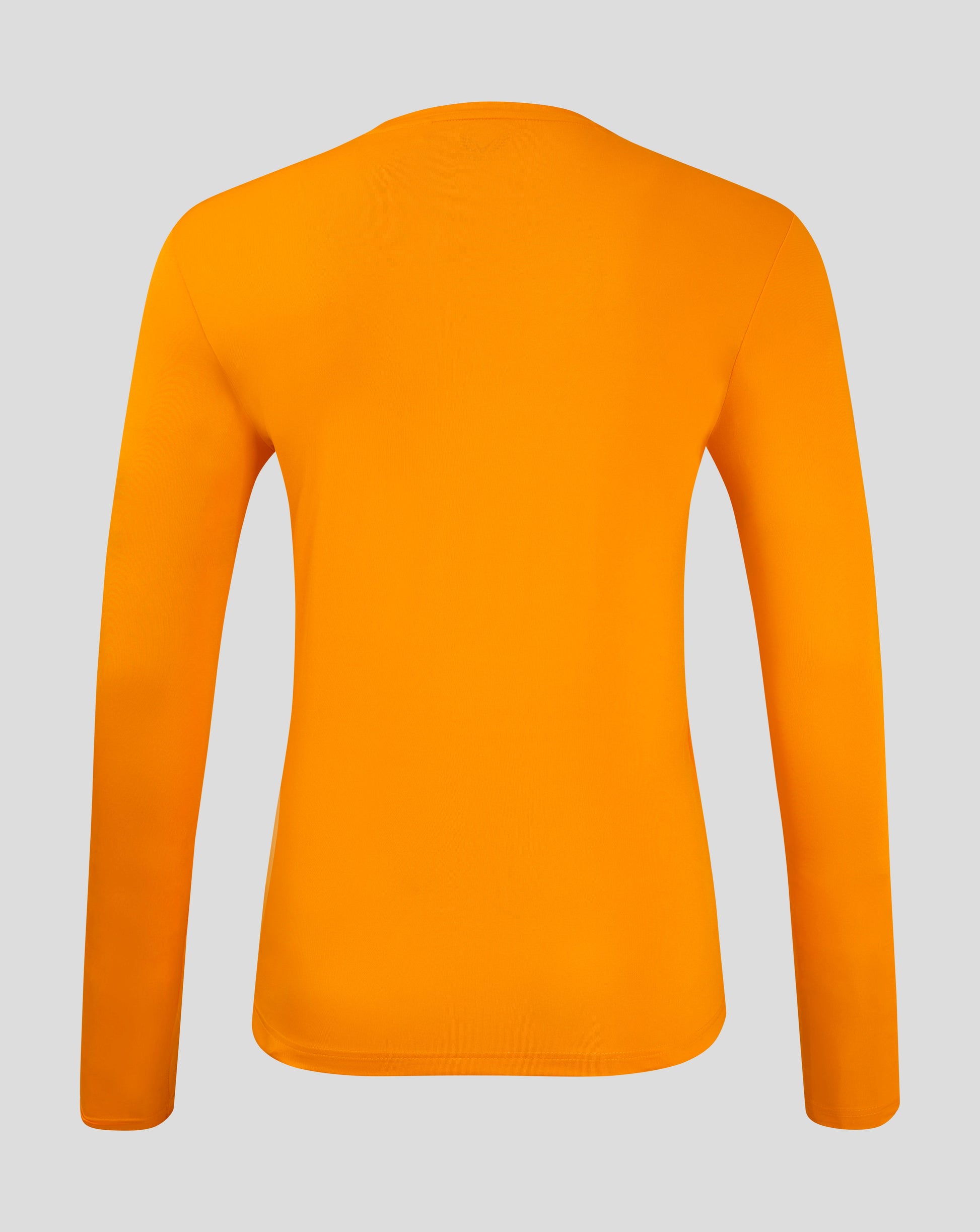 Back view of bright orange long sleeve performance tee with crew neck