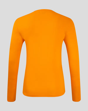 Back view of bright orange long sleeve performance tee with crew neck