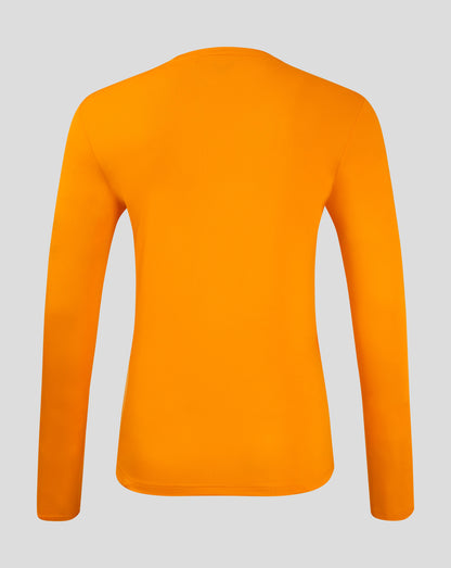 Back view of bright orange long sleeve performance tee with crew neck