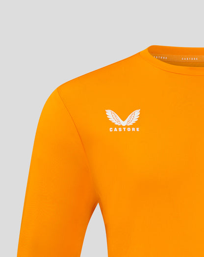 Bright marigold long sleeve tee with crew neck and white Castore wing logo on chest.