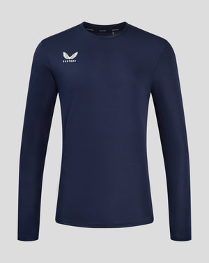 Navy blue long sleeve performance tee with crew neck and white Castore logo on the chest.