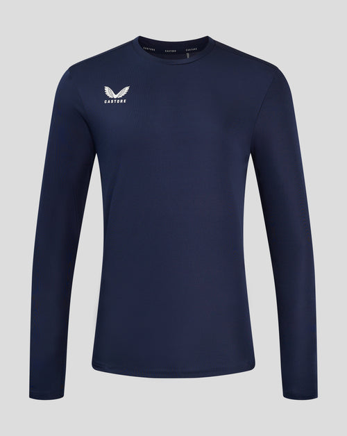 Navy blue long sleeve performance tee with crew neck and white Castore logo on the chest.