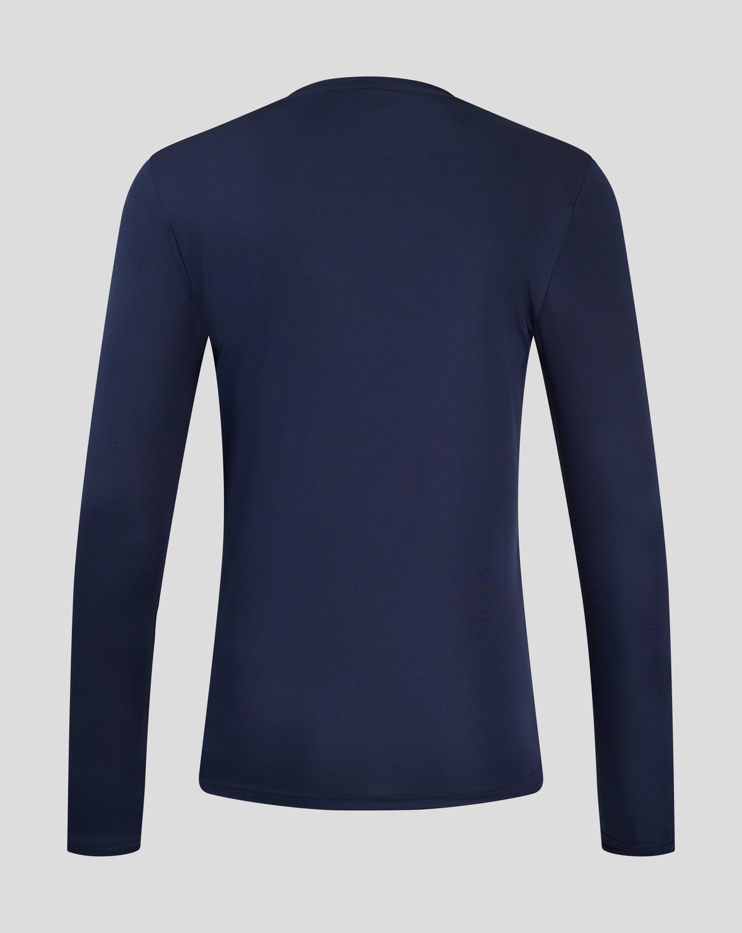 Rear view of navy Peacoat long sleeve performance tee showing smooth knit fabric and forward shoulder seam