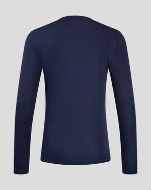 Rear view of navy Peacoat long sleeve performance tee showing smooth knit fabric and forward shoulder seam