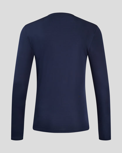 Rear view of navy Peacoat long sleeve performance tee showing smooth knit fabric and forward shoulder seam