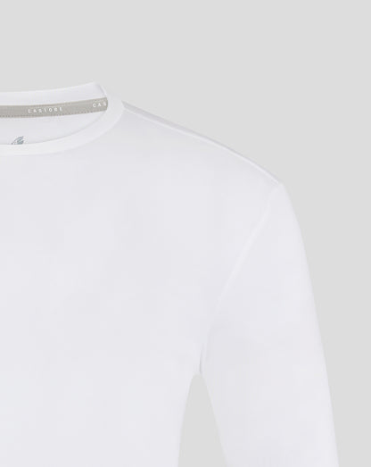 Shoulder neckline close up of white long sleeve training t shirt showing the collar and brand label