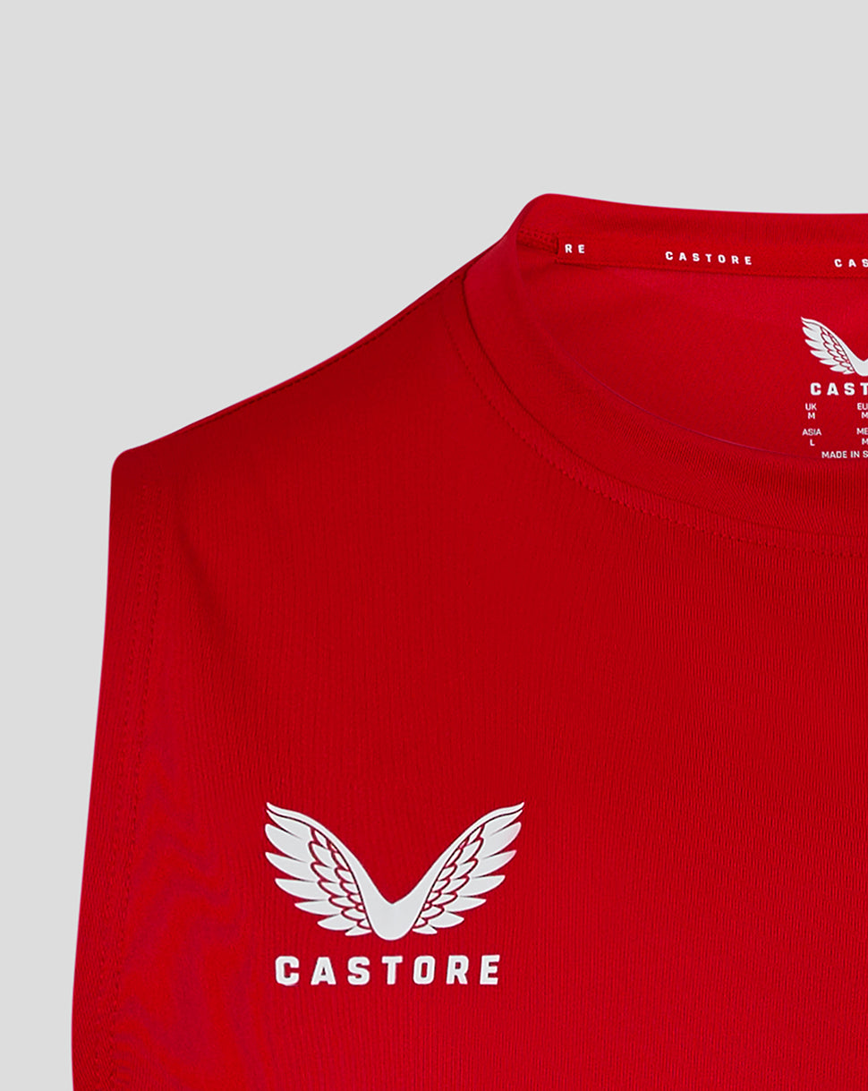 Close up of red Mens Training Singlet with white Castore wing logo on the chest