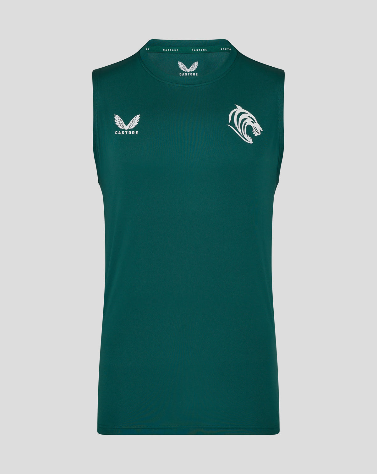 Botanical green sleeveless training vest with large white tiger head logo on the chest and Castore branding at the neckline
