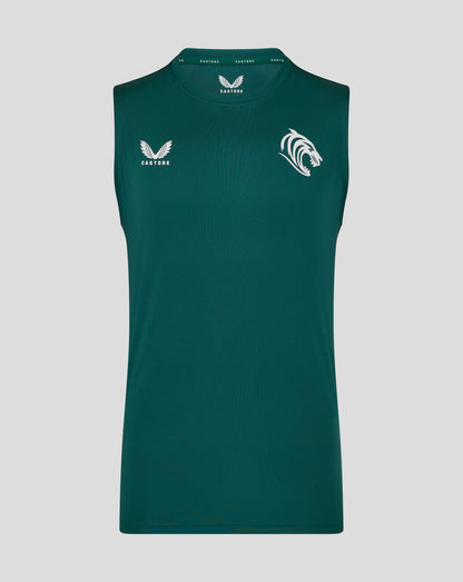 Botanical green sleeveless training vest with large white tiger head logo on the chest and Castore branding at the neckline