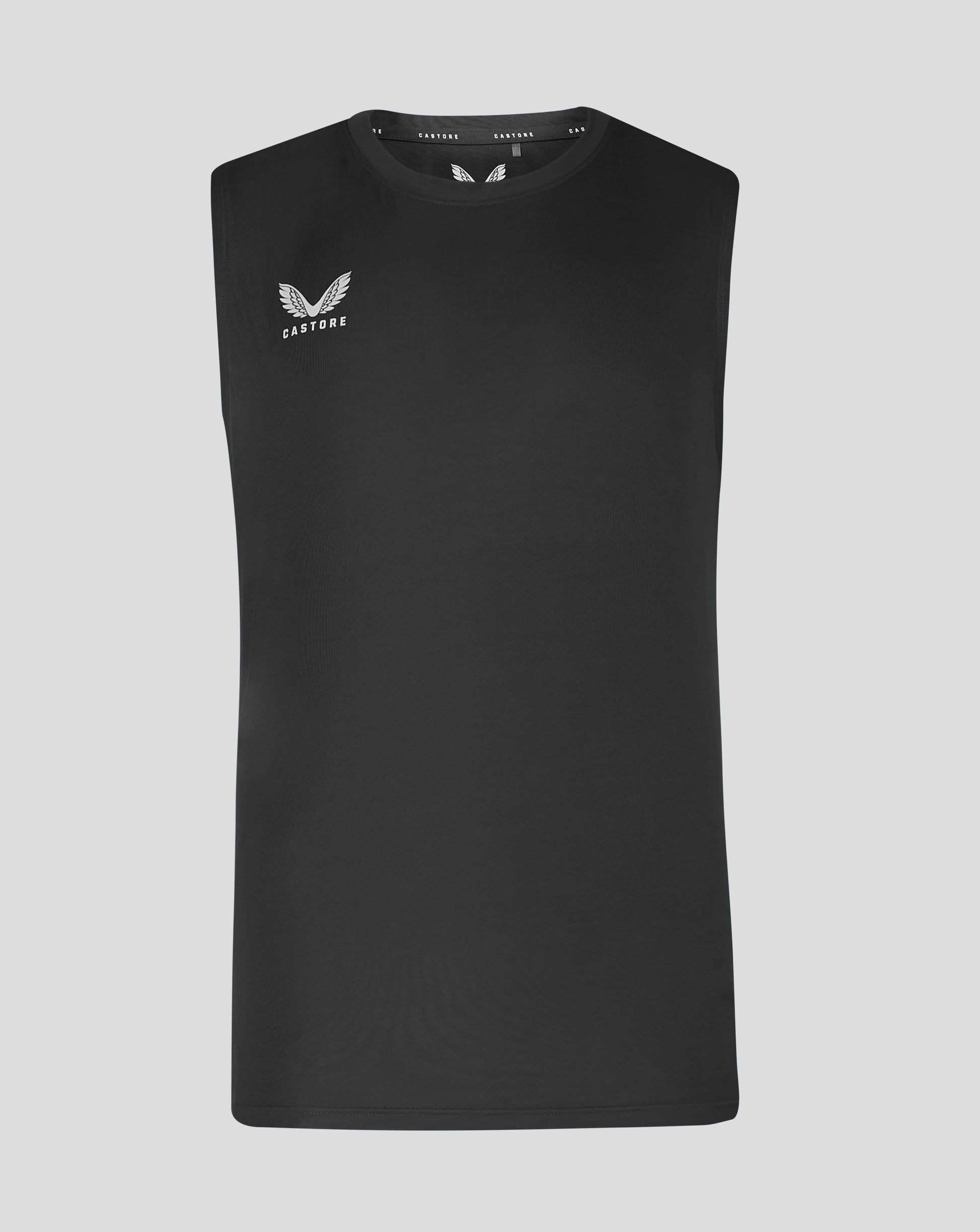 Front view of black training vest with white Castore wing logo on the left chest.