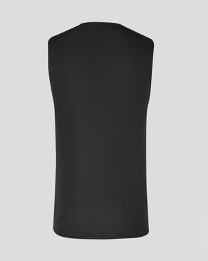 Back view of black training vest with a crew neck collar.