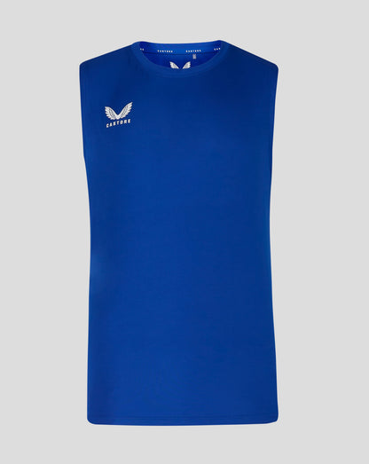 Bright blue training singlet with crew neck and white Castore logo on chest