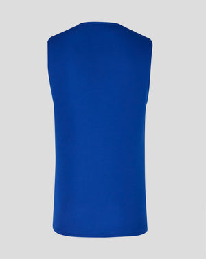 Blue sleeveless training singlet shown from back with smooth fabric and rounded hem