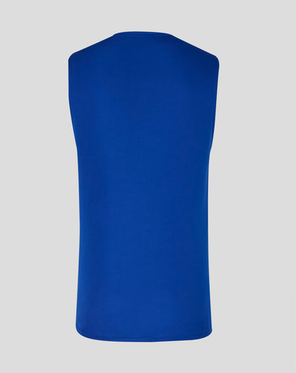 Blue sleeveless training singlet shown from back with smooth fabric and rounded hem
