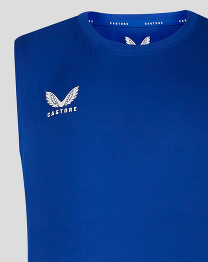 Blue training singlet for men with white Castore wing logo on the chest and a crew neck