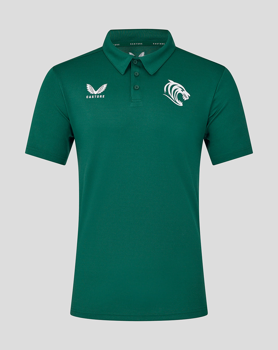 Front view of green botanical Leicester Tigers polo with Castore logo on the left chest and white horse emblem on the right chest
