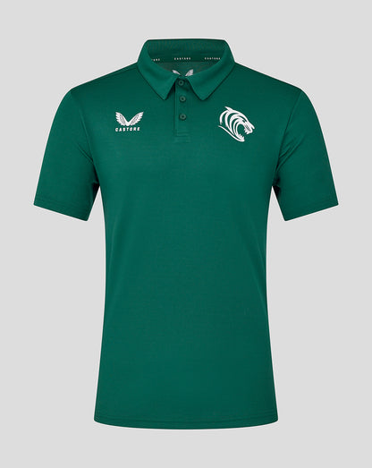 Front view of green botanical Leicester Tigers polo with Castore logo on the left chest and white horse emblem on the right chest