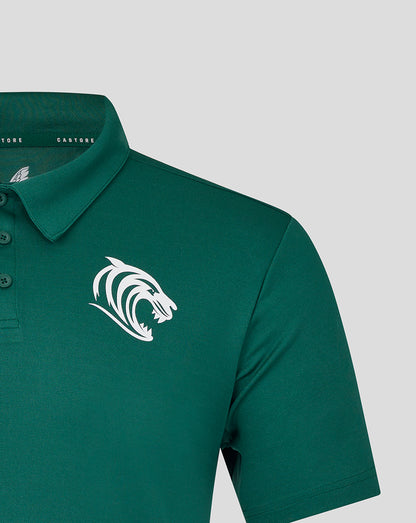 Botanical green Leicester Tigers short sleeve training polo featuring a large white tiger head on the chest