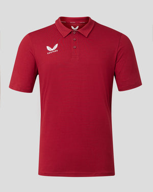 Red cotton leisure polo with self fabric collar three button placket and white Castore logo on left chest.
