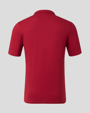 Rear view of red men's cotton Leisure Polo with self fabric collar and short sleeves.